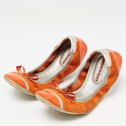 Prada Sport Orange Perforated Suede and Patent Bow Scrunch Ballet Flats Size 37