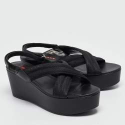 Prada Sport Black Leather and Canvas Strap Wedge Sandals Size 40