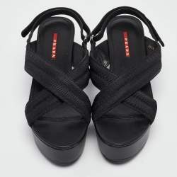 Prada Sport Black Leather and Canvas Strap Wedge Sandals Size 40