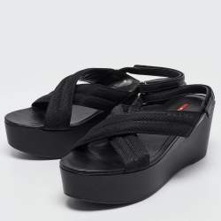 Prada Sport Black Leather and Canvas Strap Wedge Sandals Size 40