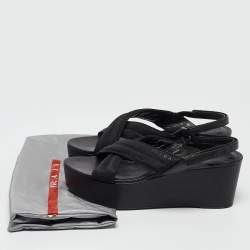 Prada Sport Black Leather and Canvas Strap Wedge Sandals Size 40