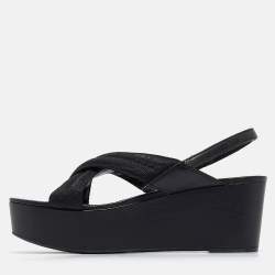 Prada Sport Black Leather and Canvas Strap Wedge Sandals Size 40