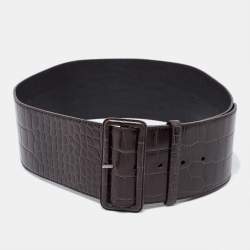 Prada Dark Brown Croc Embossed Leather Buckle Wide Belt 80CM