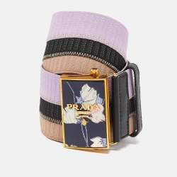 Prada Tricolor Elastic Fabric and Leather Floral Logo Plague Belt 75CM