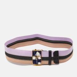 Prada Tricolor Elastic Fabric and Leather Floral Logo Plague Belt 75CM