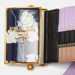 Prada Tricolor Elastic Fabric and Leather Floral Logo Plague Belt 75CM