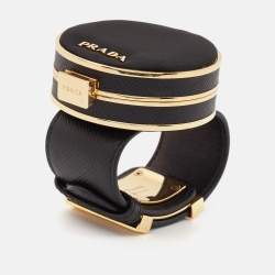 Pre Owned Prada Saffiano Leather Fabric Gold Tone Vanity Bracelet