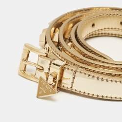 Prada Gold Patent Leather Triangle Logo Studded Slim Belt 90CM