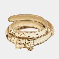Prada Gold Patent Leather Triangle Logo Studded Slim Belt 90CM