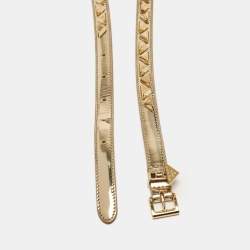 Prada Gold Patent Leather Triangle Logo Studded Slim Belt 90CM