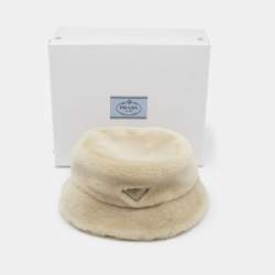 Pre Owned Prada Cream Shearling Logo Plaque Bucket Hat S