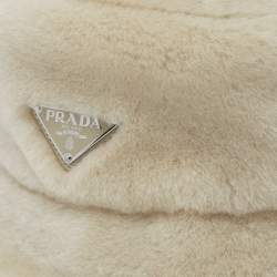 Pre Owned Prada Cream Shearling Logo Plaque Bucket Hat S