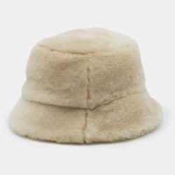Pre Owned Prada Cream Shearling Logo Plaque Bucket Hat S