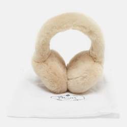 Pre Owned Prada Cream Shearling Triangle Logo Plaque Earmuffs