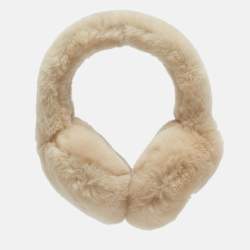 Pre Owned Prada Cream Shearling Triangle Logo Plaque Earmuffs