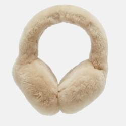 Pre Owned Prada Cream Shearling Triangle Logo Plaque Earmuffs