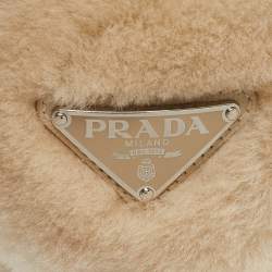 Pre Owned Prada Cream Shearling Triangle Logo Plaque Earmuffs