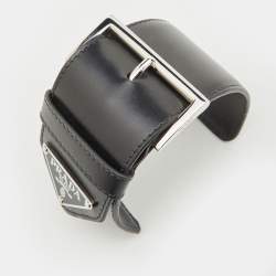Prada Triangle Black Leather Silver Tone Wide Open Cuff Bracelet