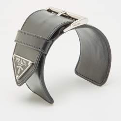 Prada Triangle Black Leather Silver Tone Wide Open Cuff Bracelet