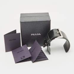 Prada Triangle Black Leather Silver Tone Wide Open Cuff Bracelet