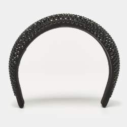 Prada Black Crystals Embellished Satin Headband 