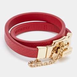 Prada Red Leather Gold Tone Bracelet S