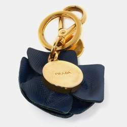Prada Camelia Flower Leather Gold Tone Key Ring