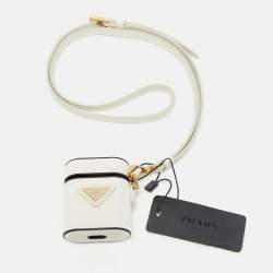 Prada White Saffiano Leather Airpods Case with Strap