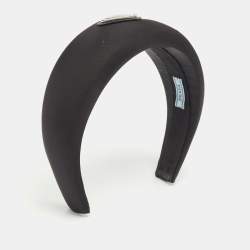 Prada Black Satin Triangle Logo Wide Headband 