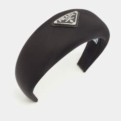 Prada Black Satin Triangle Logo Wide Headband 
