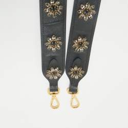 Prada Black Leather Floral Crystals Embellished Shoulder Bag Strap