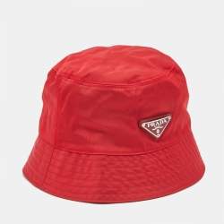 Pre Owned Prada Red Nylon Logo Triangle Plaque Bucket Hat M