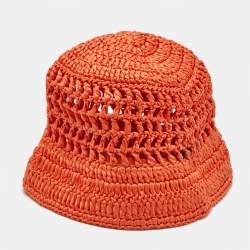 Pre Owned Prada Orange Logo Crochet Raffia Bucket Hat