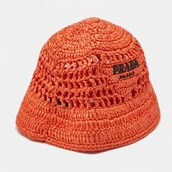 Pre Owned Prada Orange Logo Crochet Raffia Bucket Hat 