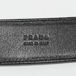مملوكة مسبقًا Prada Black Patent Leather Logo Plaque Buckle Belt 95 CM