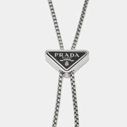 Pre Owned Prada Triangle Logo Enamel Silver Tone Keychain Necklace