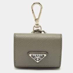Pre Owned Prada Grey Saffiano Leather Logo Headphone Case