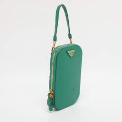 Pre Owned Prada Green Saffiano Lux Leather Phone Crossbody Bag