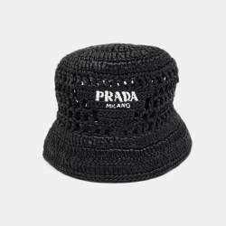 مملوكة مسبقًا Prada Black Logo Crochet Raffia Bucket Hat M