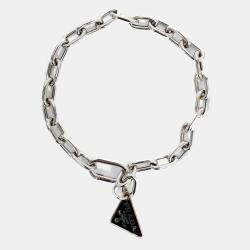 Pre Owned Prada Silver Tone Triangle Logo Charm Bracelet