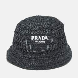 Pre Owned Prada Black Logo Crochet Raffia Bucket Hat M