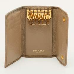 Pre Owned Prada Key Case Beige Leather 6 Hooks Key Holder