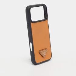 Pre Owned Prada Triangle Logo iPhone 17 Pro Max Cover Orange/Black Saffiano Leather and Rubber