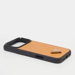 Pre Owned Prada Triangle Logo iPhone 17 Pro Max Cover Orange/Black Saffiano Leather and Rubber
