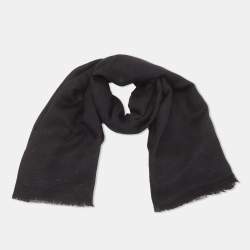Pre Owned Prada Black Logo Geometric Jacquard Knit Wool and Silk Fringe Scarf 