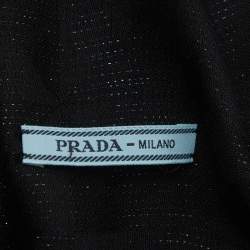 Pre Owned Prada Black Logo Geometric Jacquard Knit Wool and Silk Fringe Scarf 