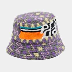 Pre Owned Prada Purple Shetland Chevron Logo Intarsia Knit Bucket Hat S