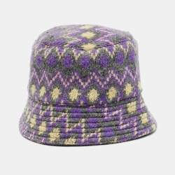 Pre Owned Prada Purple Shetland Chevron Logo Intarsia Knit Bucket Hat S