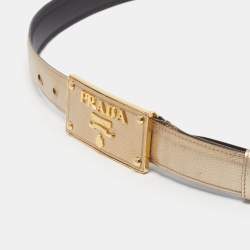 Pre Owned Prada Logo Plaque 100 CM Buckle Belt Gold Saffiano Leather