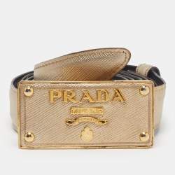 Pre Owned Prada Logo Plaque 100 CM Buckle Belt Gold Saffiano Leather
